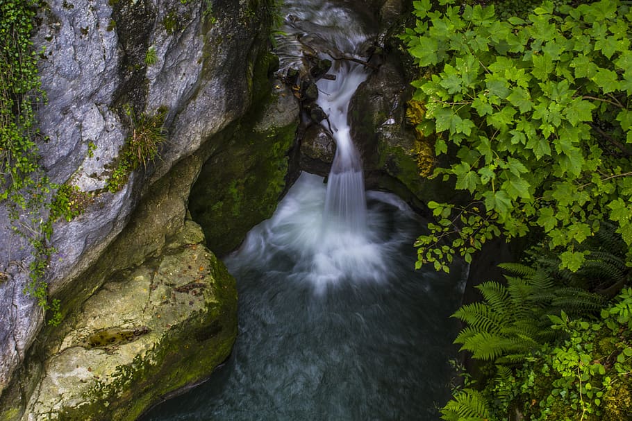 Waterfall, Torrent, Rock, Forest, switzerland, long exposure HD wallpaper