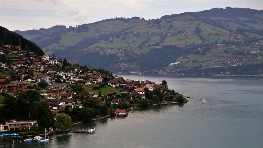 aerial photography of houses near body of water at daytime HD wallpaper