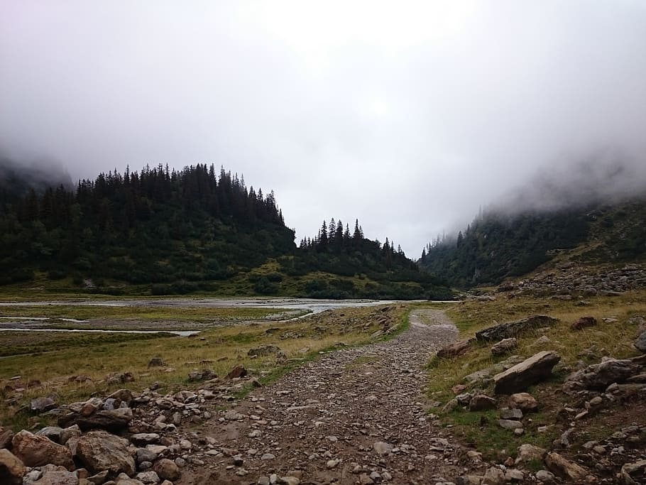 hiking, mountains, landscape, nature, fog, trail, hike, away HD wallpaper