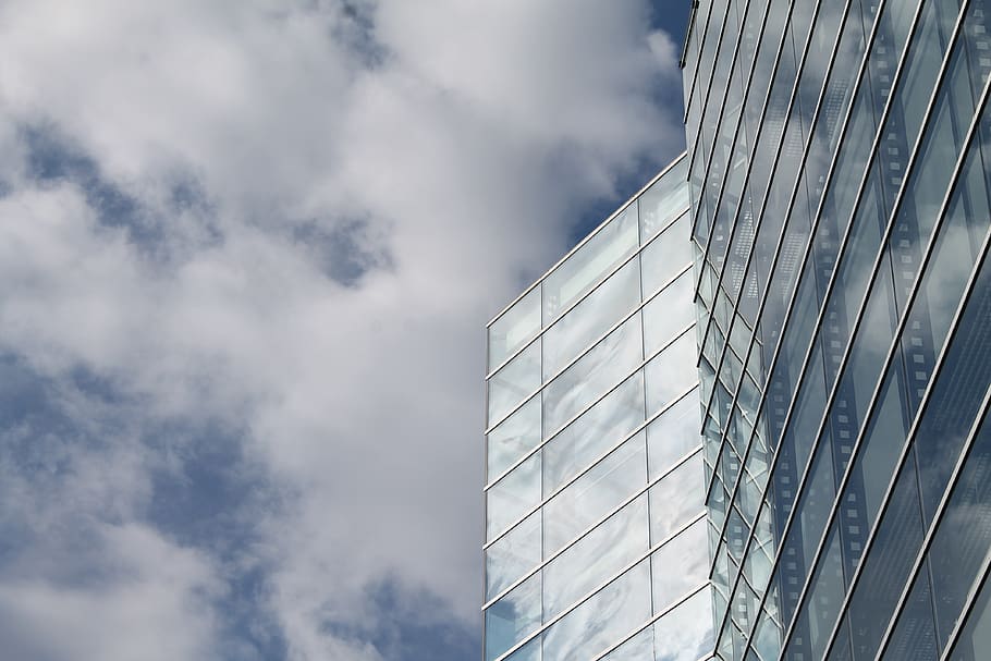 sky, glass, architecture, facade, building, clouds, built structure HD wallpaper