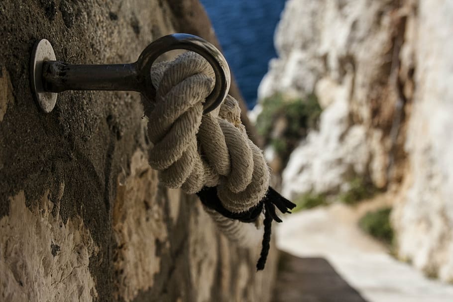 rope, passes hand, glimpse, sea, stairs, rocks, capo caccia HD wallpaper