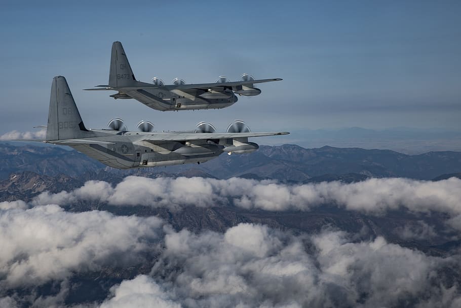 two gray B-52 bomber flying on the white clouds sky, kc-130j hercules, HD wallpaper