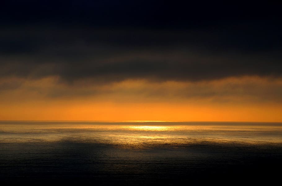 sea, ocean, water, dark, orange, sky, clouds, sunset, horizon HD wallpaper
