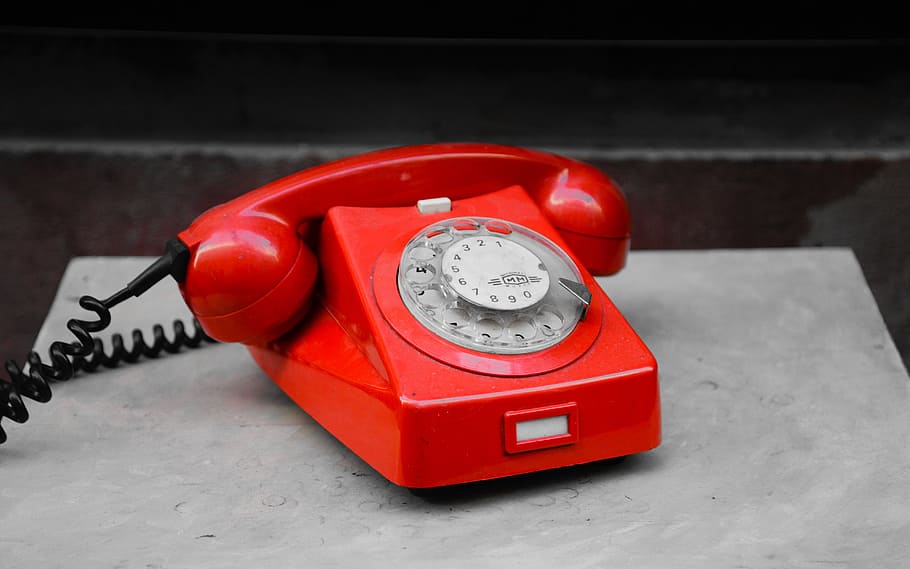 red rotary telephone on gray surface, alarm, communication, call, HD wallpaper