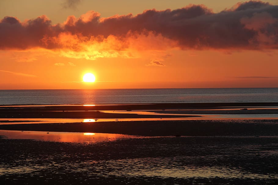 Sunset, Ocean, Beach, Sunrise, sky, dusk, evening, reflection HD wallpaper