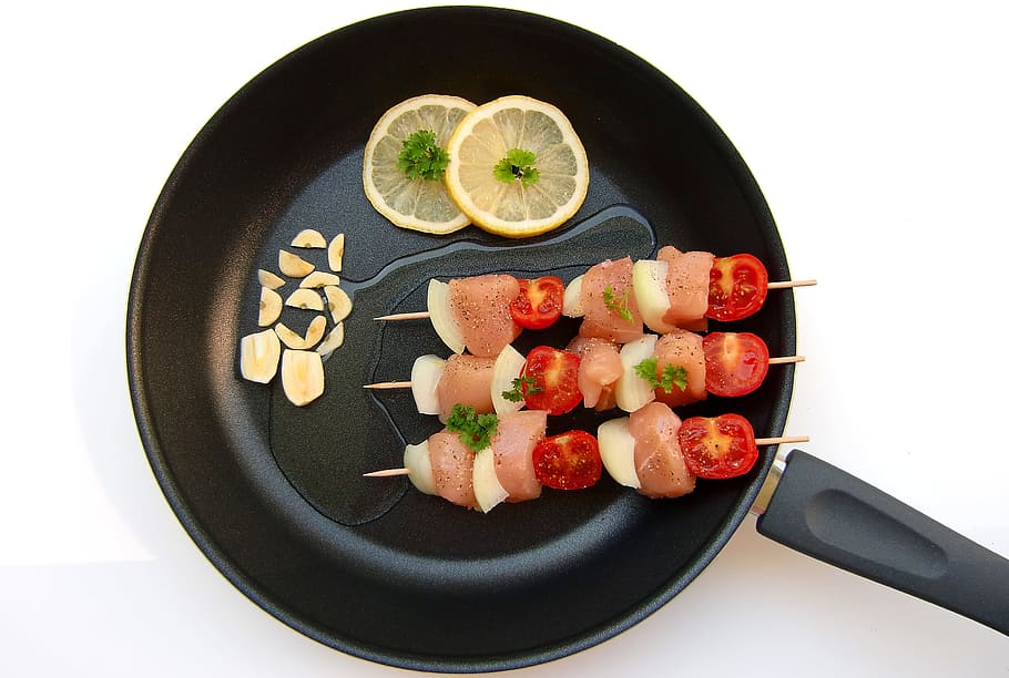 round black steel frying pan, meat, kebab, eat healthy, healthy eating HD wallpaper
