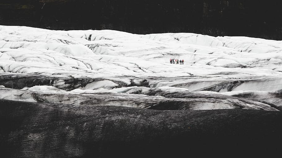 people on top of mountain, grayscale photo of lanscape, glacier HD wallpaper