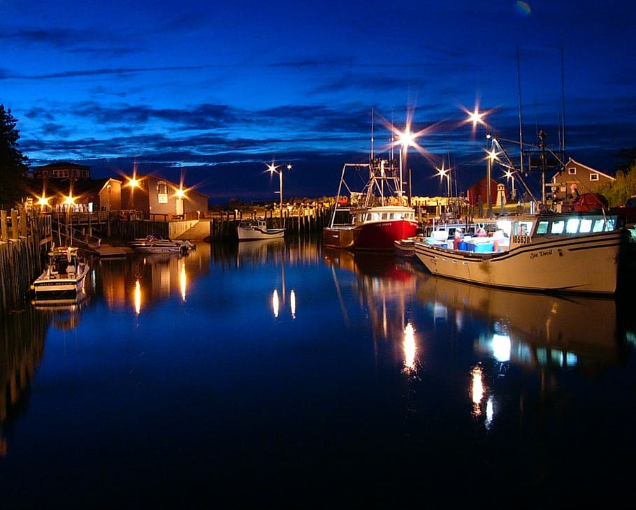 boating, night, tourism, canada, lobster, wharf, blue, fishing HD wallpaper