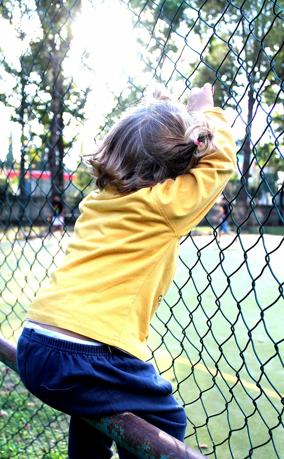 little girl, railing, park, spring, nature, green, light, sun HD wallpaper