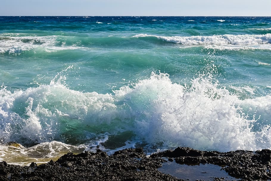 rocky coast, wave, sea, blue, nature, drops, spray, foam, wind HD wallpaper