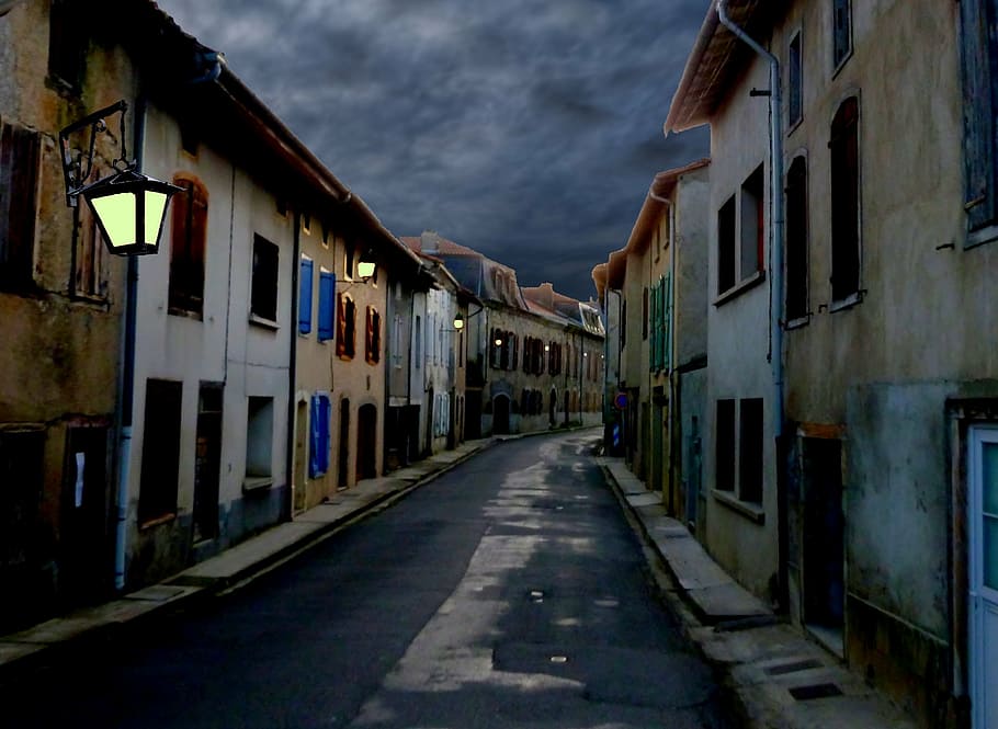 empty road between concrete houses, evening clouds, sunset HD wallpaper