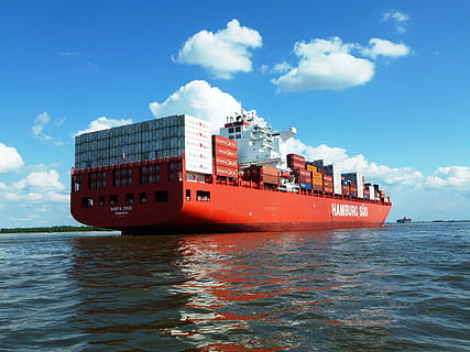 red cargo ship on body of water, Ship, Container, Elbe, Seafaring HD wallpaper