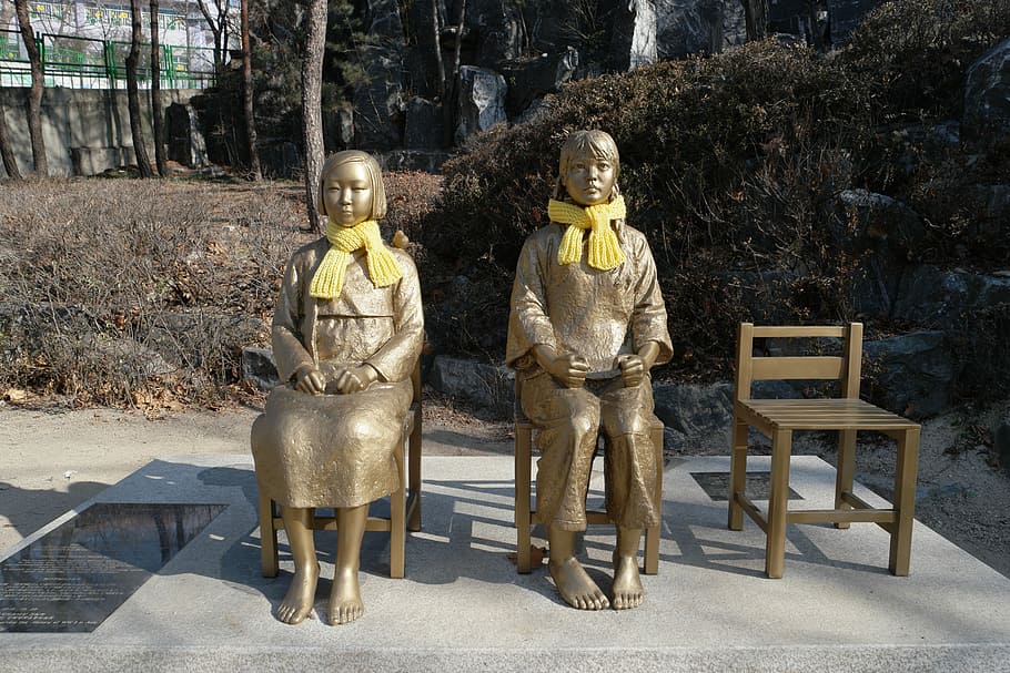 two gold women sitting on chair statue, Girl, Award, Comfort