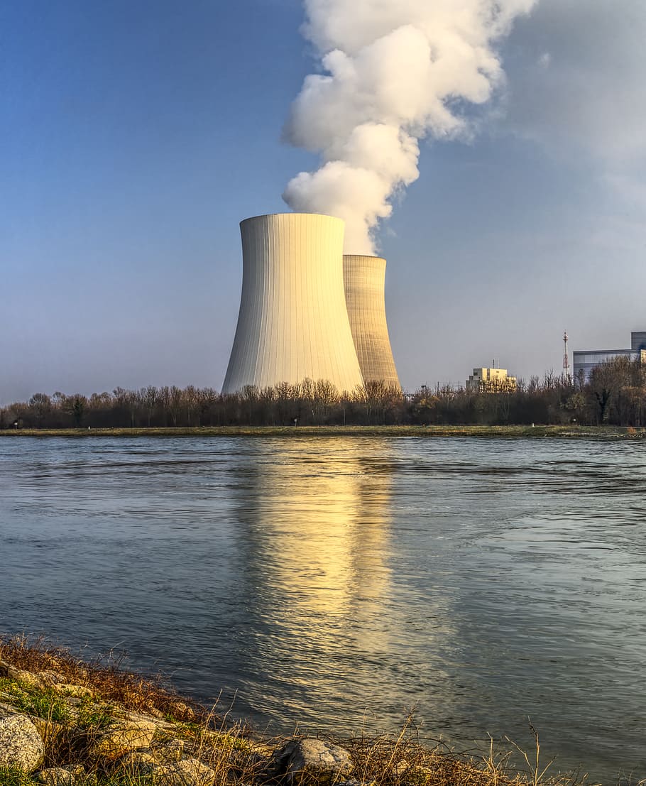 nuclear power plant, cooling tower, energy, current, electricity
