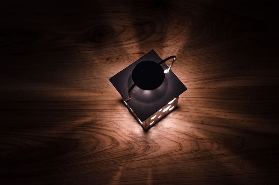 gray lantern on brown wooden surface, dark, lamp, night, decoration