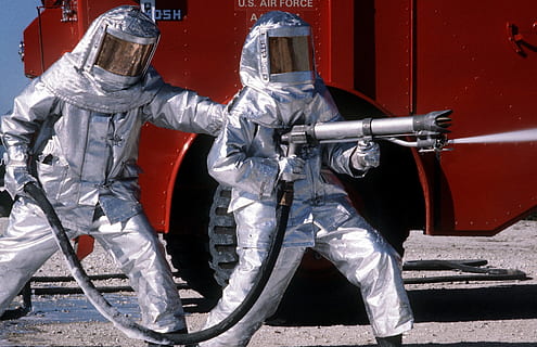 firefighters, portrait, training, spray equipment, hot, heat HD wallpaper