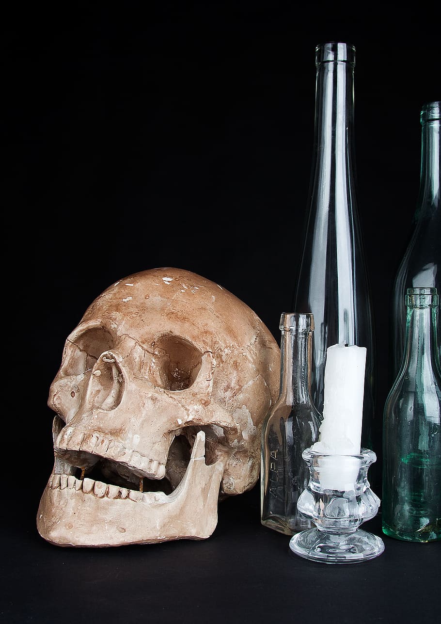 skull, the bottle, glass, composition, studio, simplicity, candle HD wallpaper