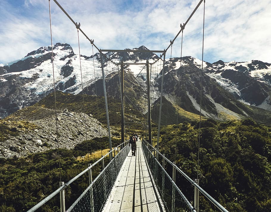Sunny Grandeur, gray hanging bridge across mountain, railing HD wallpaper