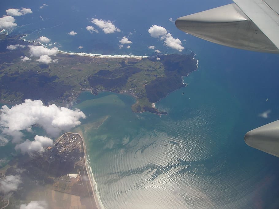 flight of airplane at cloudy daytime, new zealand, view, bird's eye view