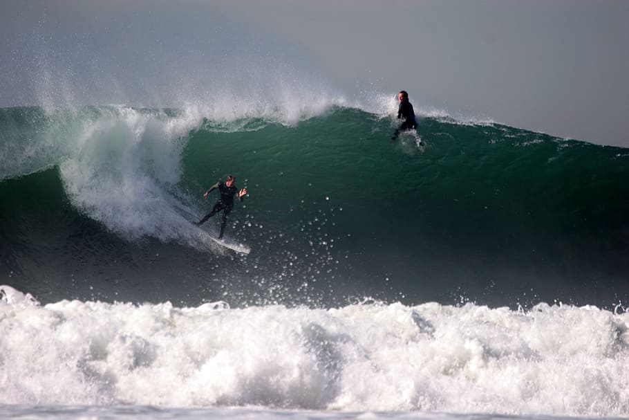 two man surfing on big beach wave during daytime, Surfers, Surfboard HD wallpaper