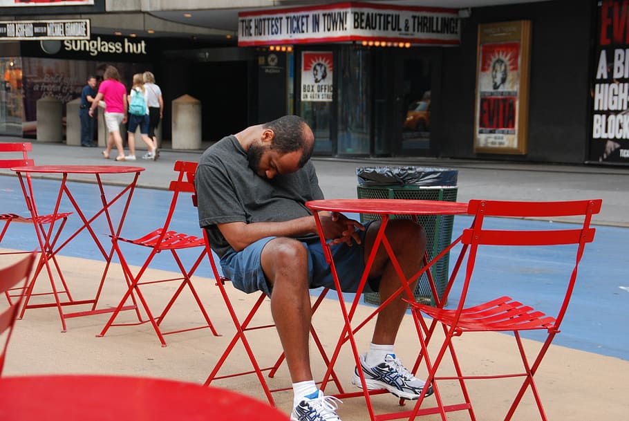 tired, sleep, time square, new york, morning, red chairs, people HD wallpaper