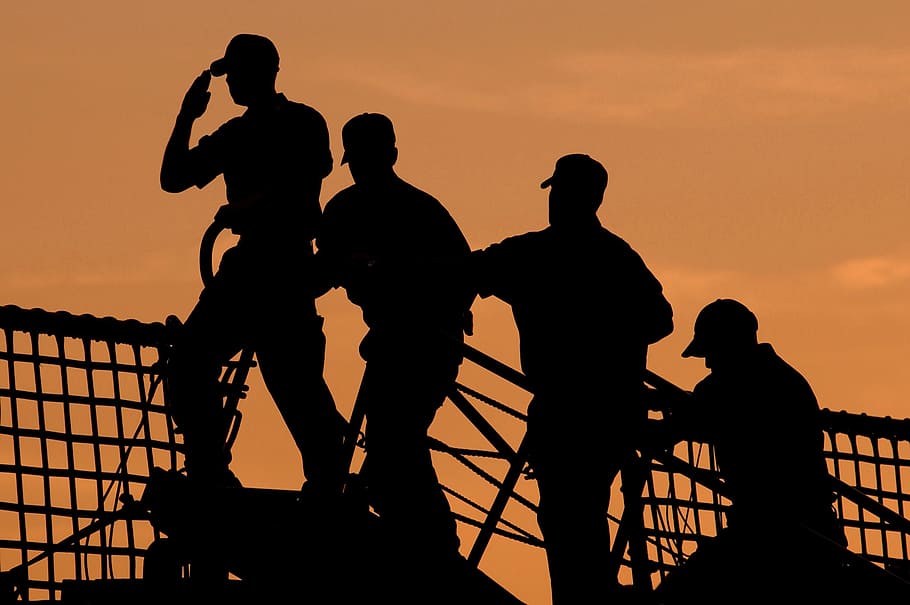 silhouette of three men, sailors, board, ship, salute, silhouettes HD wallpaper