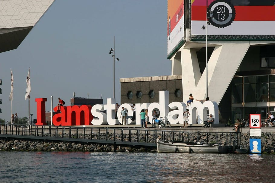 white and red I Amsterdam freestanding letters landmark near body of water during daytime, HD wallpaper