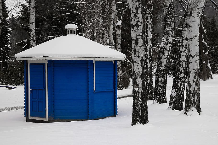 blue, hut, winter, closed, snow, white, vacation, log cabin HD wallpaper