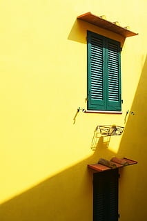 green wooden window under brown awning, closed green wooden window HD wallpaper
