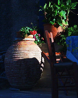 amphora, ceramic, potty, flowers, arrangement, chair, plant HD wallpaper