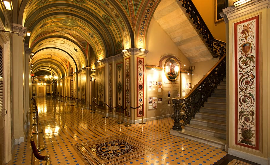 brown hallway with lights, washington dc, capitol buildings, inside