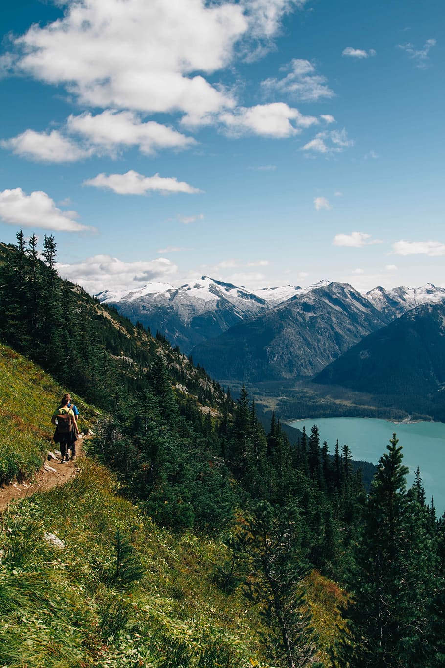 person walking on mountain during daytime, two people walking near grass during daytime HD wallpaper