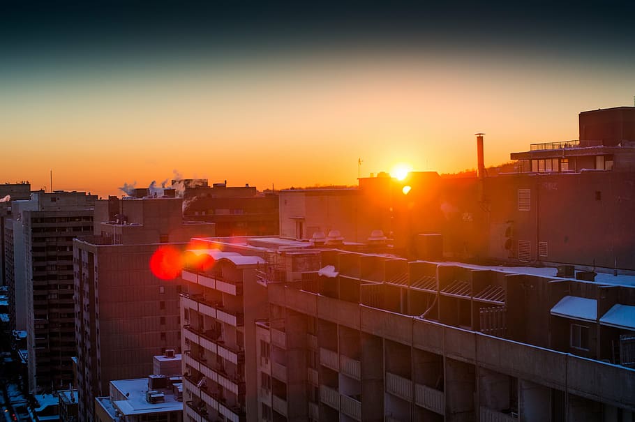 sunset, sky, glow, orange, city, urban, architecture, cityscape HD wallpaper