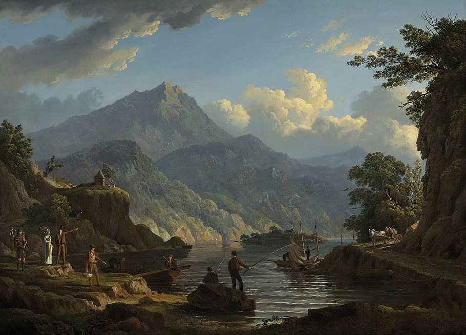 mountain near river and crowd of people painting, john knox, landscape