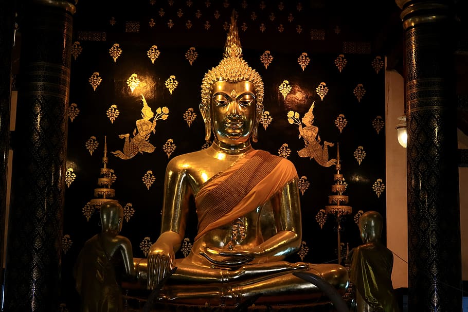 gold Gautama Buddha statue, Meditation, Buddhism, a pilgrimage, HD wallpaper