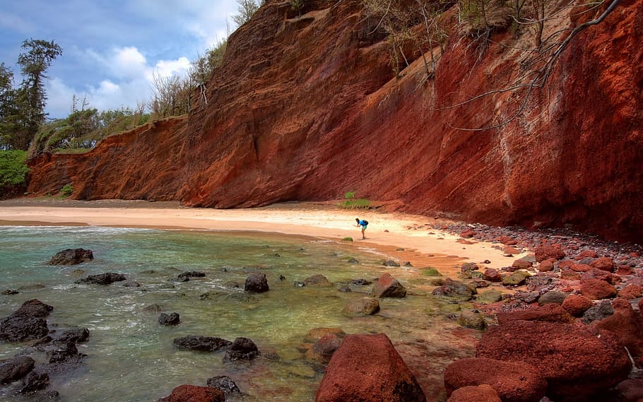 red, rocks, cliff, steep, vertical, layers, water, coast, shore HD wallpaper