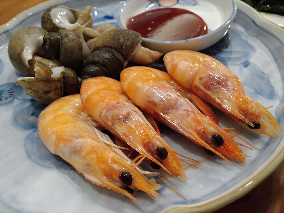 four prawns, shrimp, seafood, cooking, steamed shrimp, eat, food photography, HD wallpaper