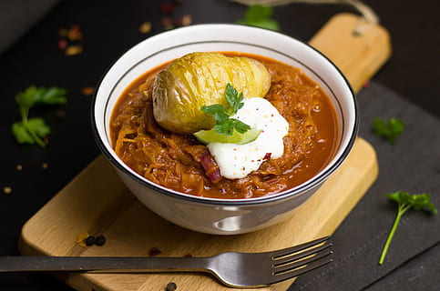 brown soup filled white bowl, stew, herb, sauerkraut, hungary HD wallpaper