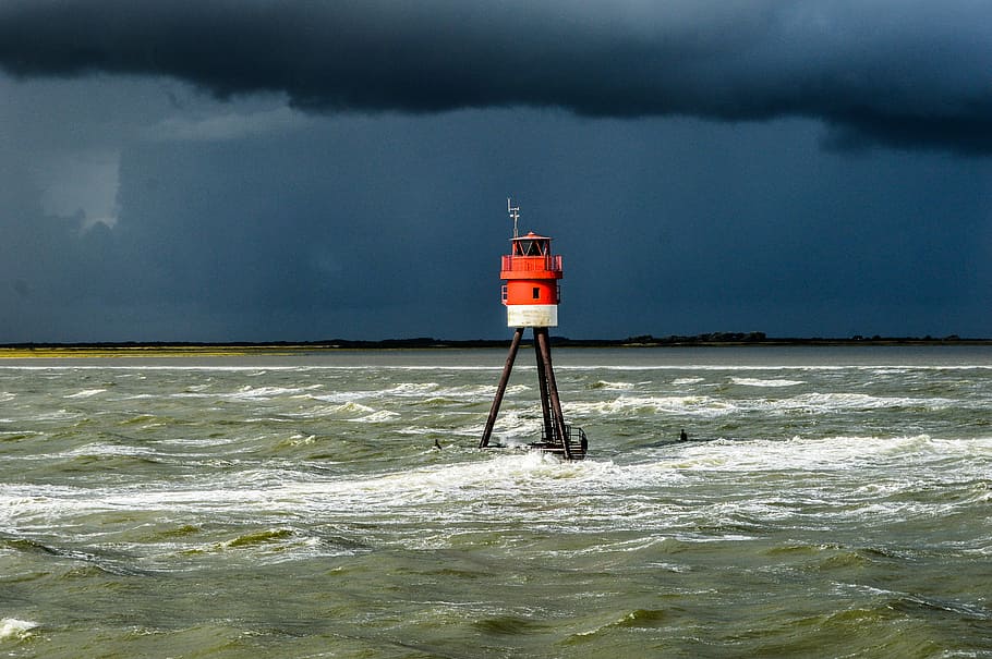 borkum, north sea, dark, rain, storm, water, safety, lighthouse HD wallpaper