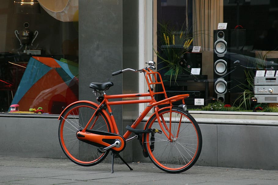 Bicycle, Orange, Amsterdam, Town, Center, street scene, netherlands HD wallpaper