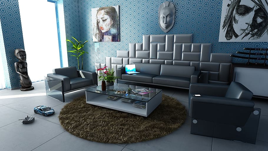 black leather couch, room, apartment, interior design, decoration HD wallpaper