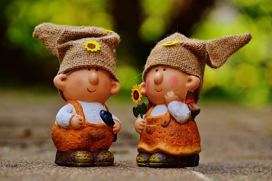 two girl and boy dwarf figurines on floor, imp, pair, figure HD wallpaper