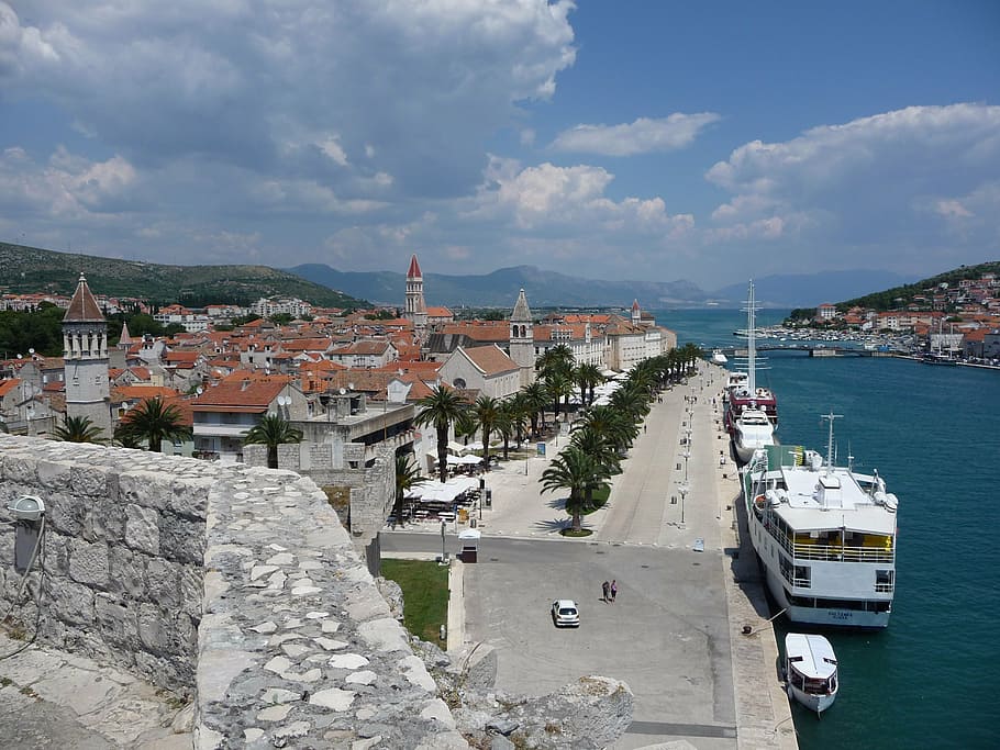 white passenger boat on dock near road, trogir, croatia, mediterranean HD wallpaper