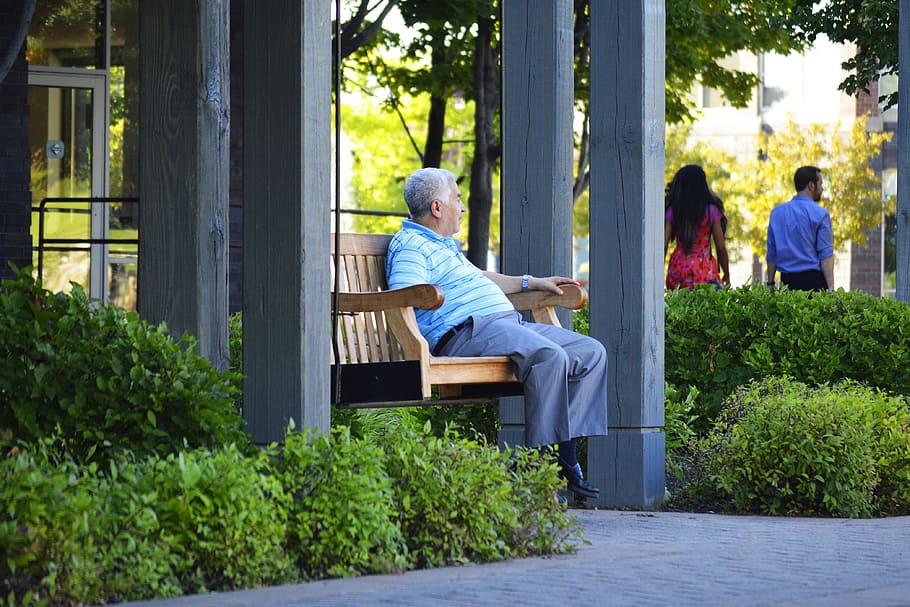 man sitting on brown bench, middle-aged, elderly, old, middle aged man HD wallpaper