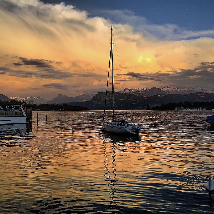 sunset, lake, mood, water, nautical vessel, cloud - sky, reflection HD wallpaper
