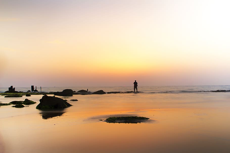 Sunset, Dusk, Clouds, Sea, Ocean, sky, seashore, waves, beach HD wallpaper
