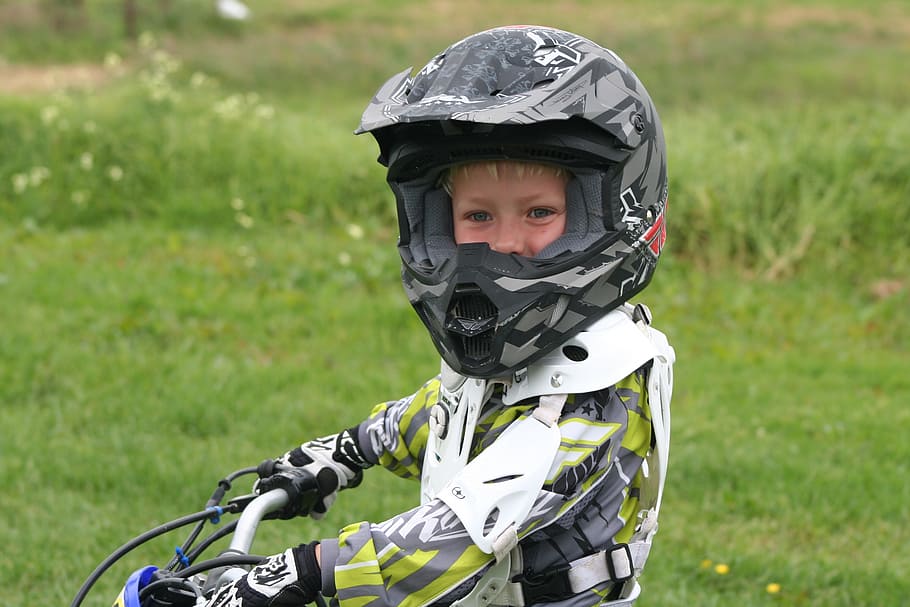 boy riding on pit bike, helmet, child, fun, happy, active, childhood HD wallpaper
