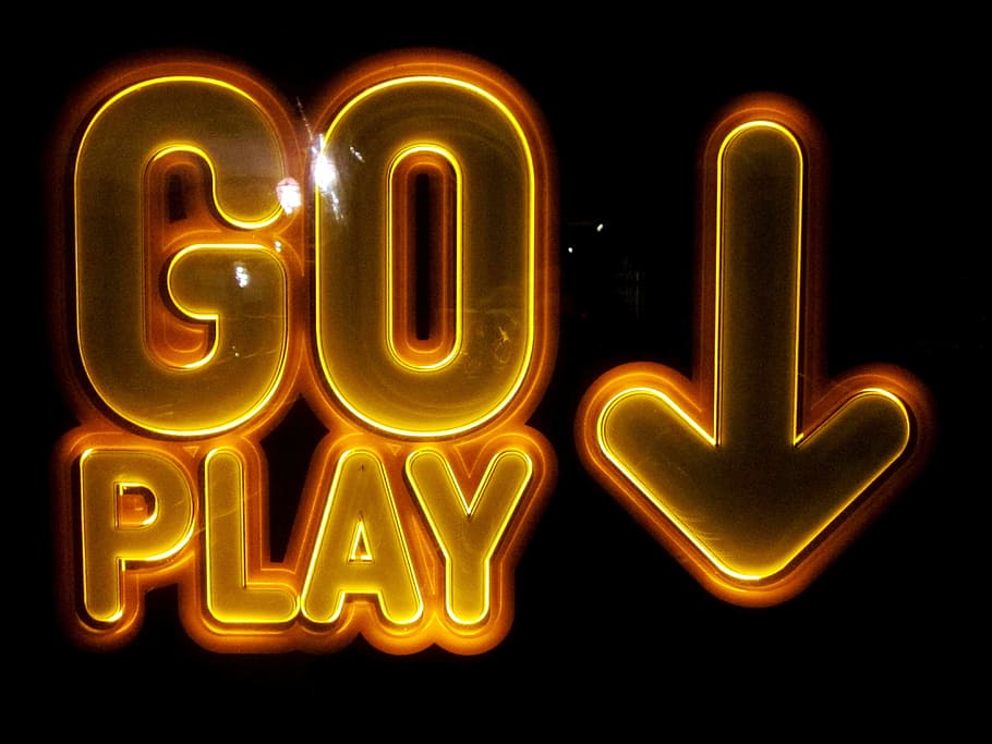 yellow and brown Go Play neon signage, orange, LED, game hell, HD wallpaper