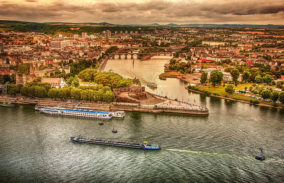aerial photography of boats on body of water near city, koblenz, HD wallpaper