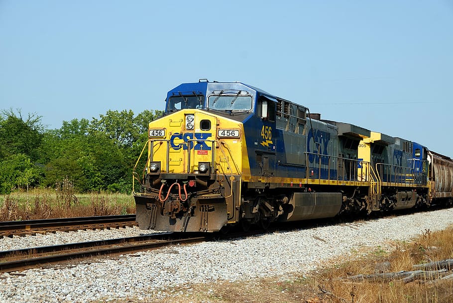 yellow and blue train, diesel train, tracks, industry, transportation